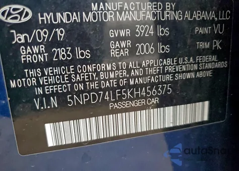 2019 Hyundai Elantra Se from USA, damaged, VIN 5NPD74LF5KH456375
